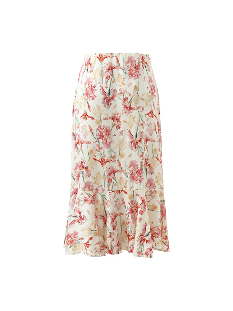 19 Momme Mulberry Silk Iris Printed Women Half Skirt