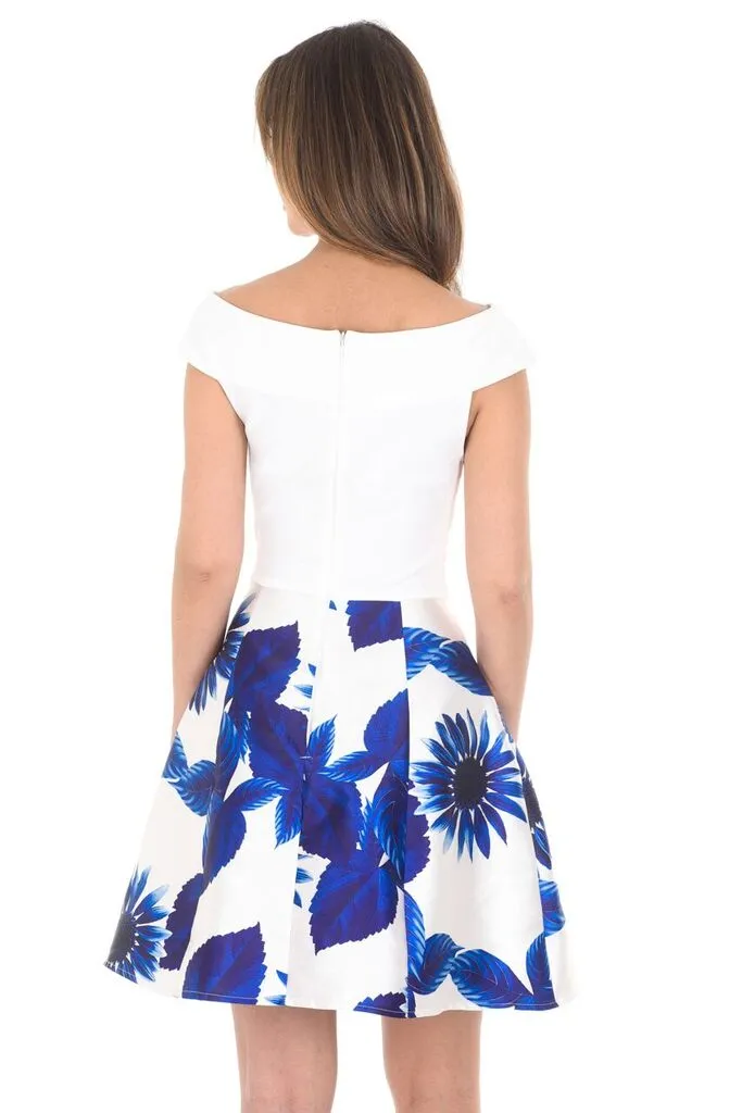 2 In 1 Cream And Blue Printed Skirt Mini Dress