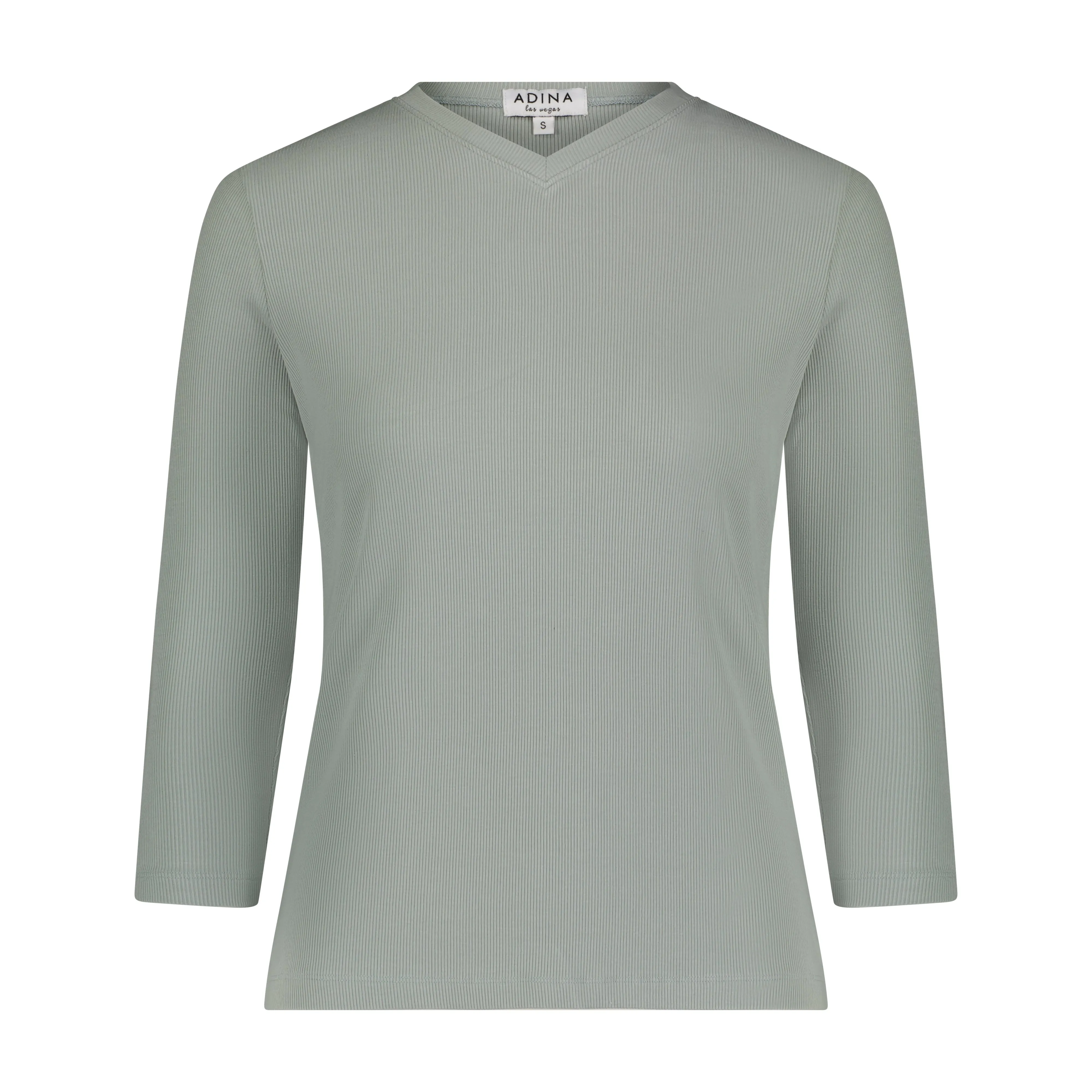 3-4 Sleeve Ribbed V Neck Tee- Sage