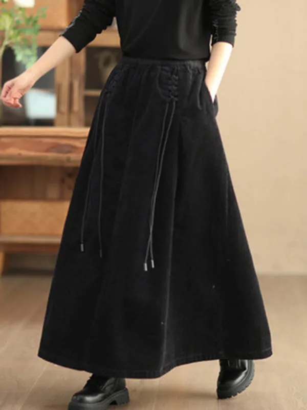 A-Line Loose Elasticity Solid Color Tied Velvet Skirts Bottoms