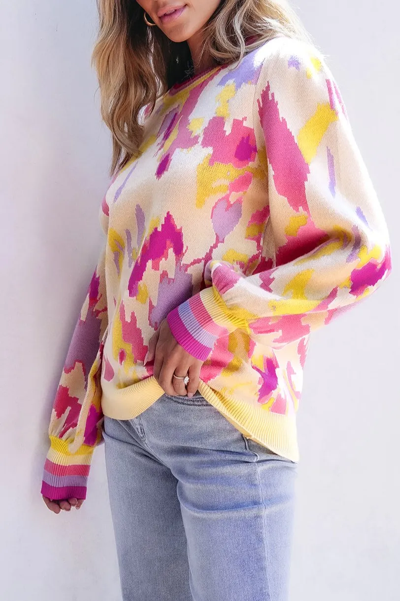 Abstract Colorblock Balloon Sleeve Sweater