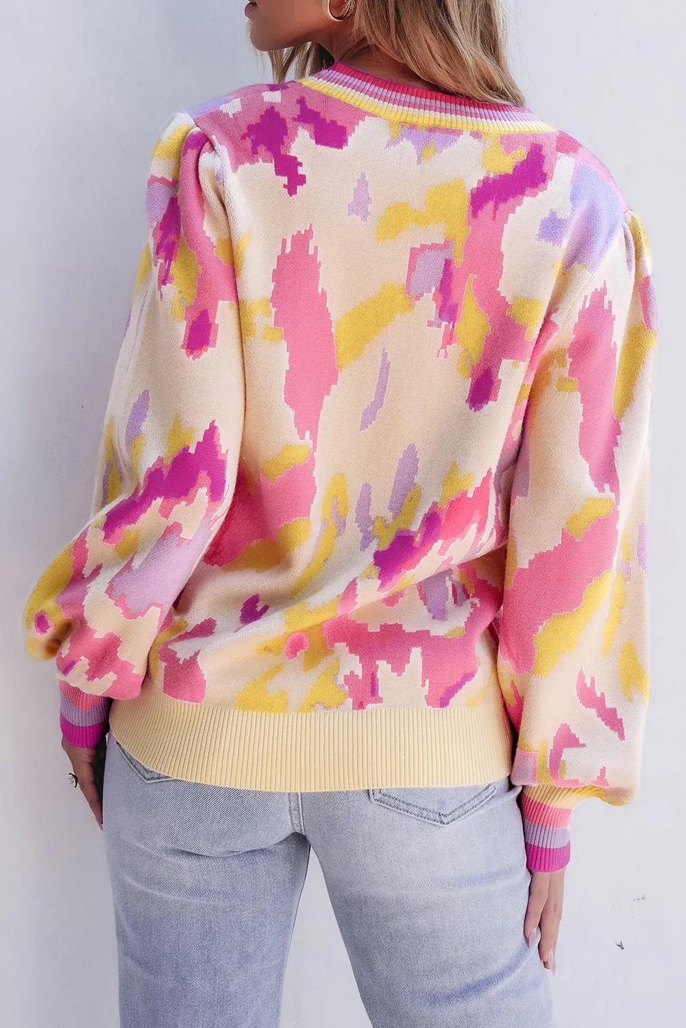 Abstract Colorblock Balloon Sleeve Sweater