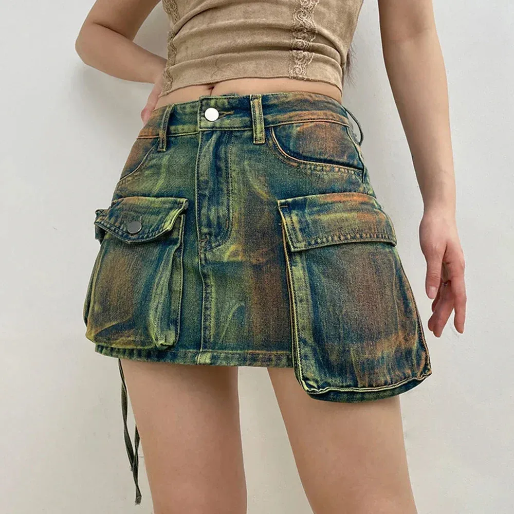 Asymmetrical Pockets Clubwear Denim Skirt