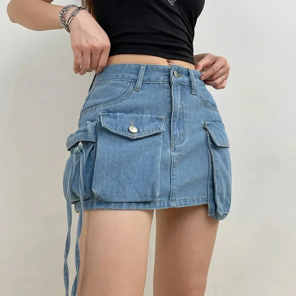 Asymmetrical Pockets Clubwear Denim Skirt