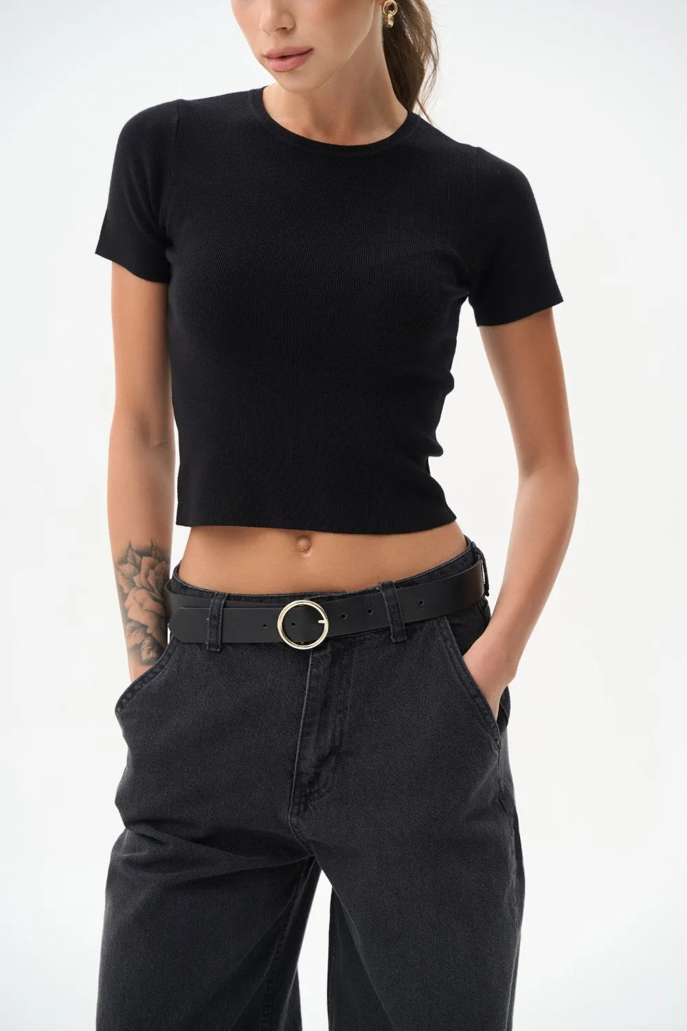 Black Cropped Knit T-shirt