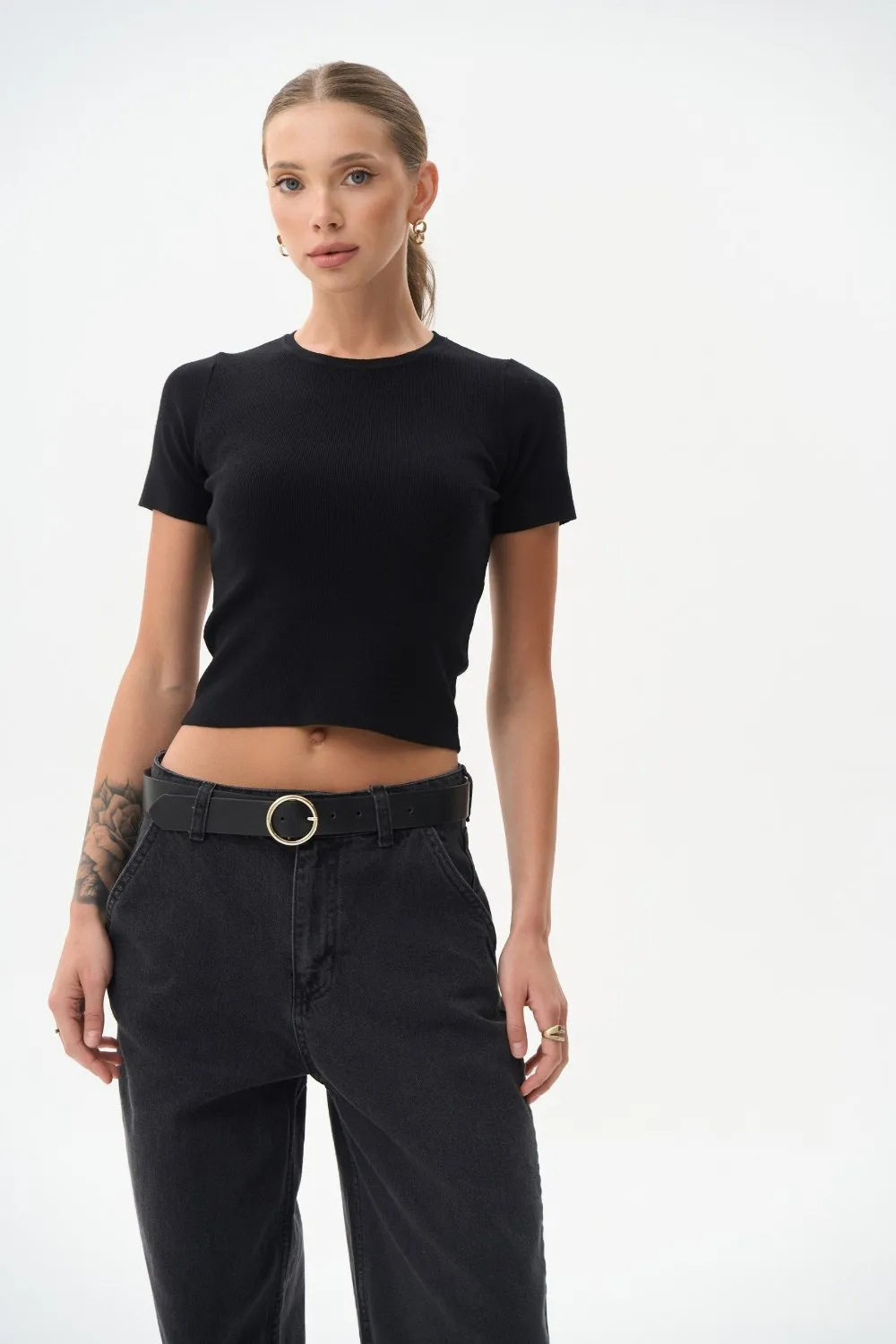 Black Cropped Knit T-shirt