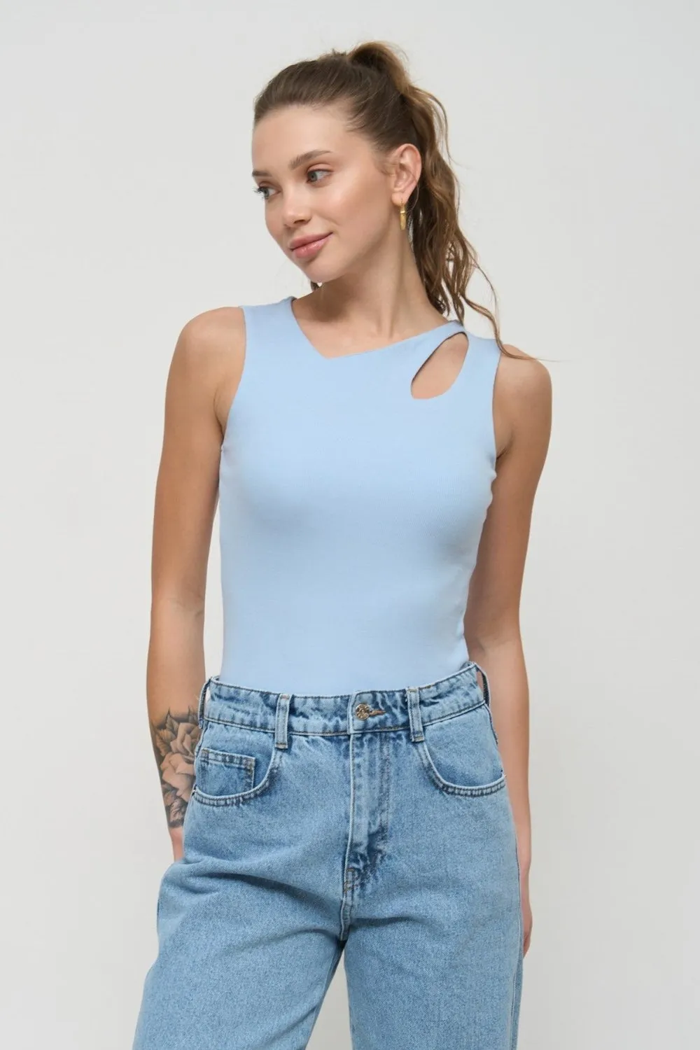 Blue Assymmetric Neckline Tank Top