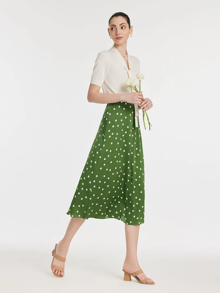 Bow Tie Neck Knit Top And Mulberry Silk Polka Dots Printed Half Skirt Two-Piece Set