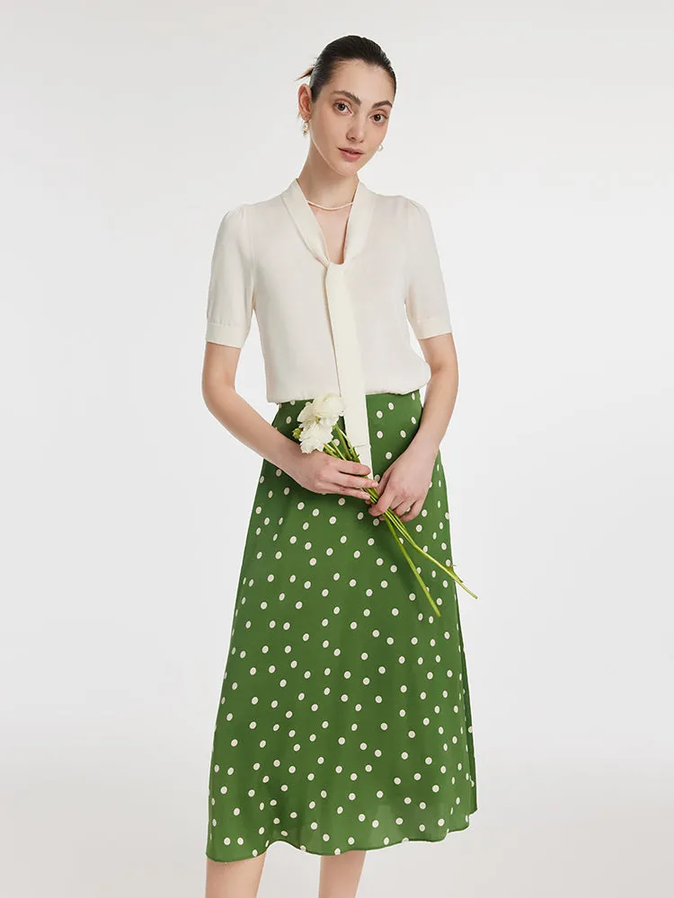 Bow Tie Neck Knit Top And Mulberry Silk Polka Dots Printed Half Skirt Two-Piece Set