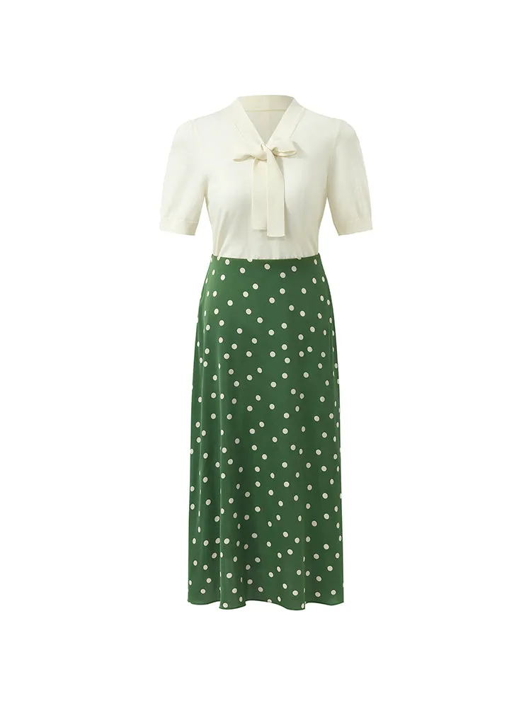 Bow Tie Neck Knit Top And Mulberry Silk Polka Dots Printed Half Skirt Two-Piece Set