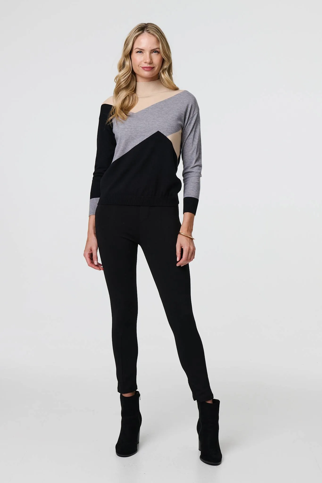 Colour Block High Neck Slim Jumper