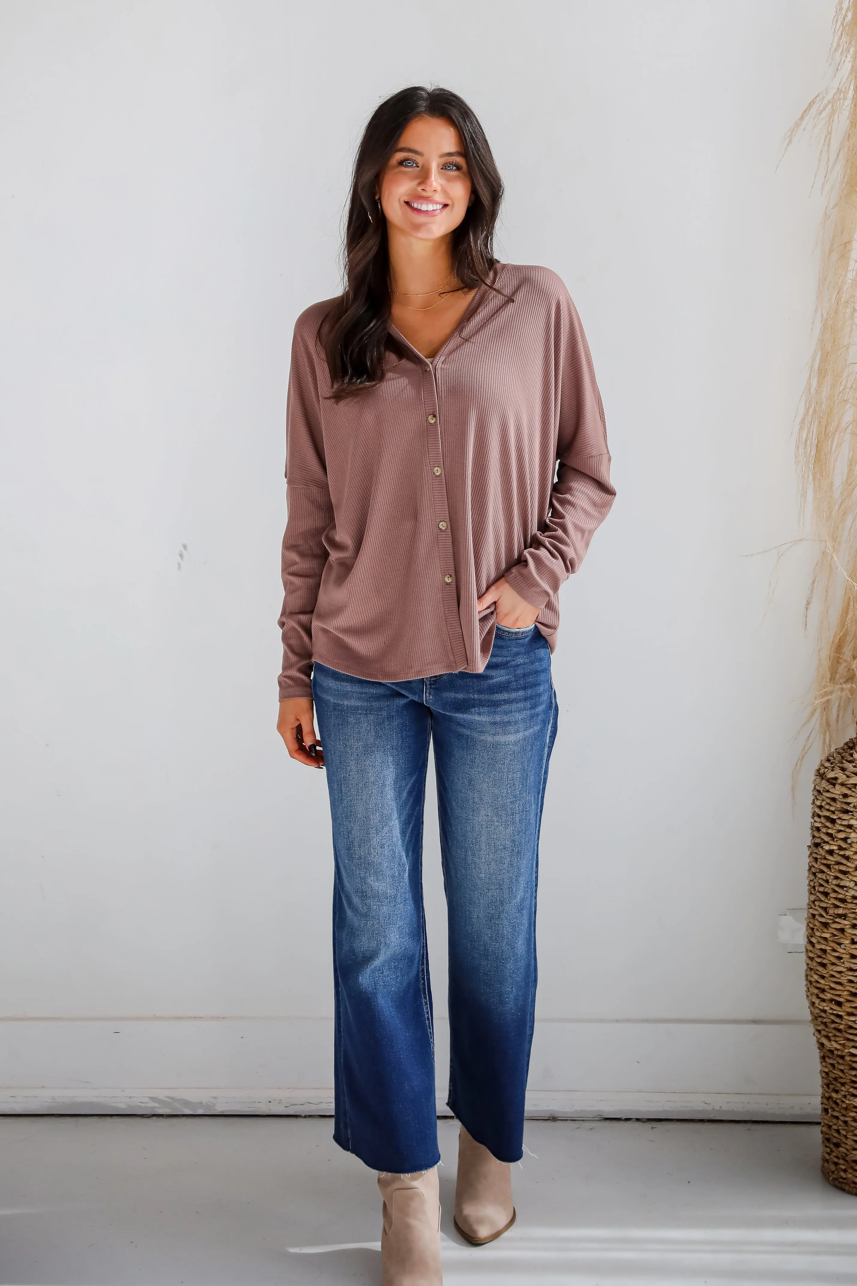 Cozy Classic Ribbed Knit Button Front Top