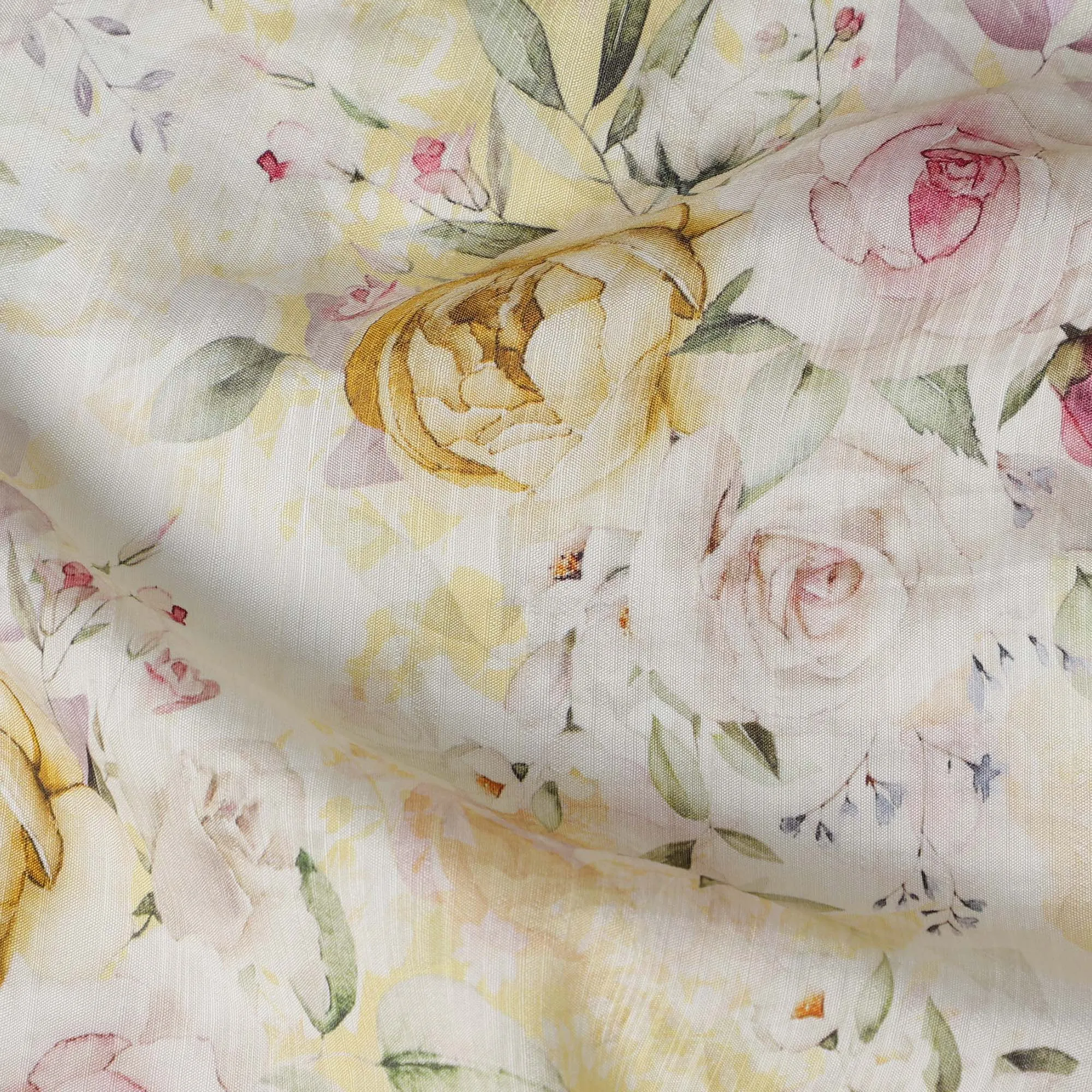 Cream Yellow Floral Linen Cotton Blend Fabric, 110 cm Width-D20970