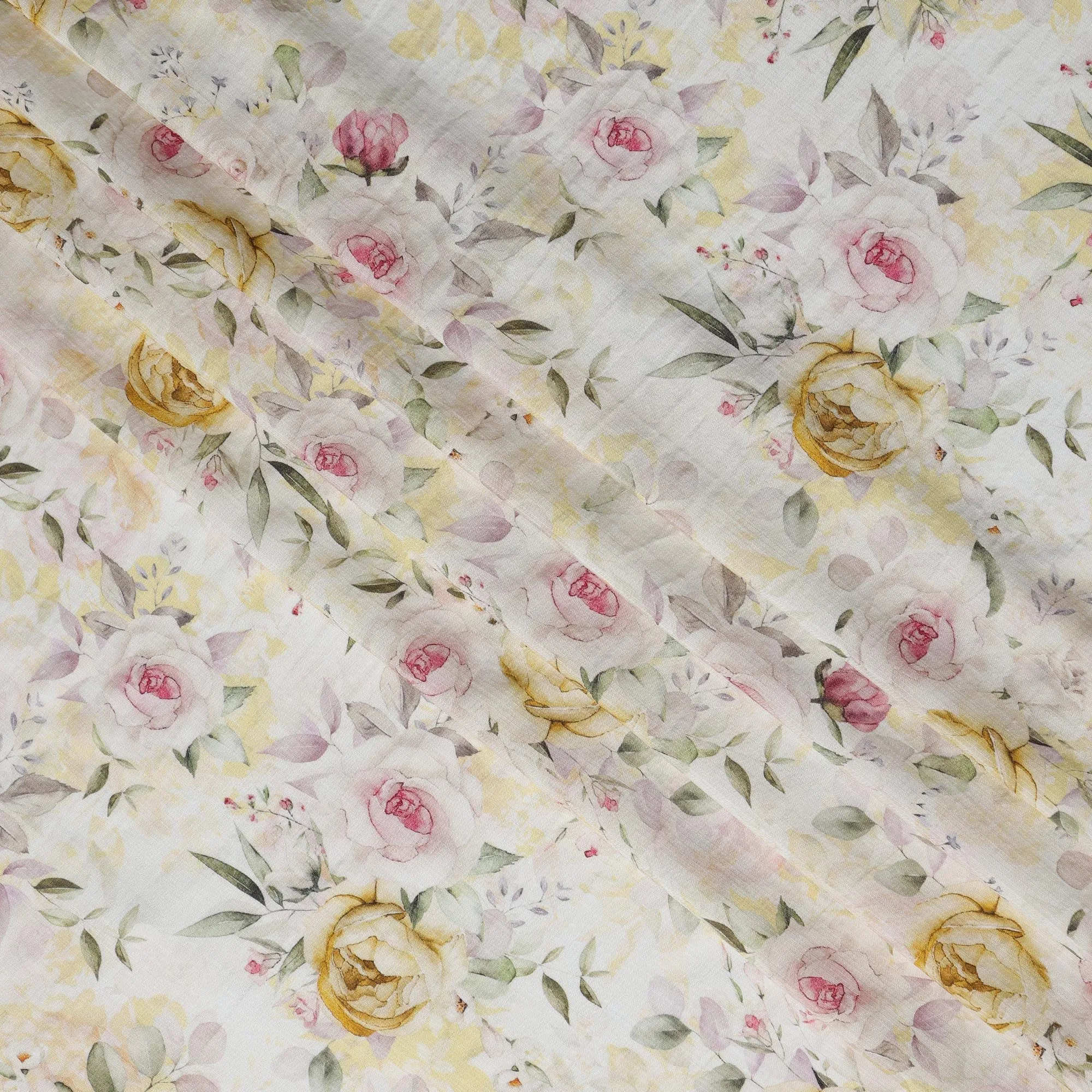 Cream Yellow Floral Linen Cotton Blend Fabric, 110 cm Width-D20970