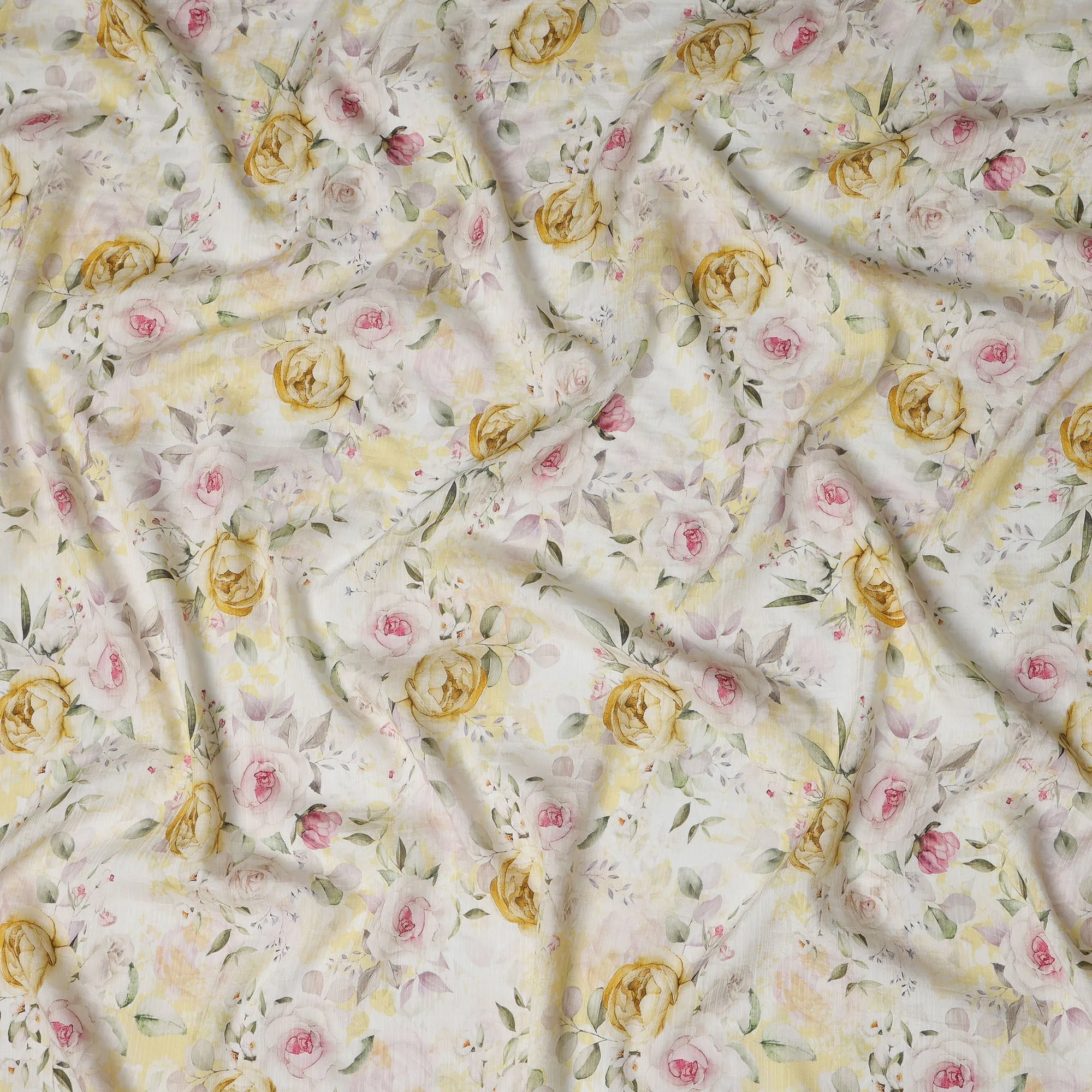 Cream Yellow Floral Linen Cotton Blend Fabric, 110 cm Width-D20970