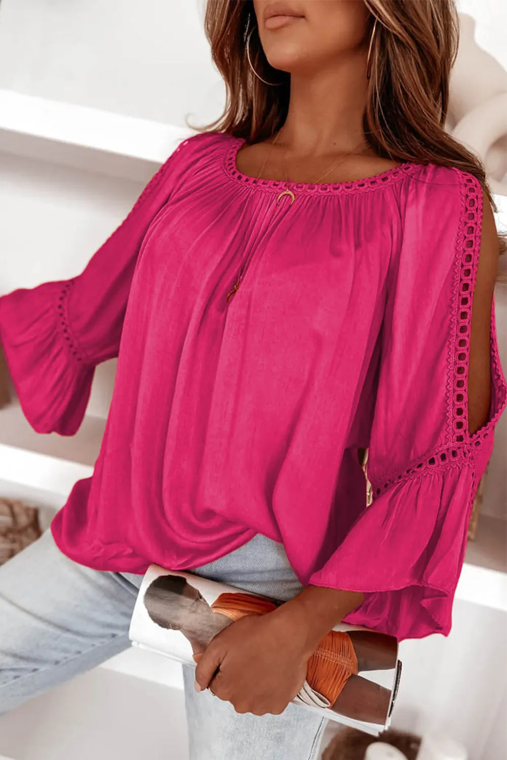 Crochet Lace Cut-Out 3/4 Sleeve Blouse