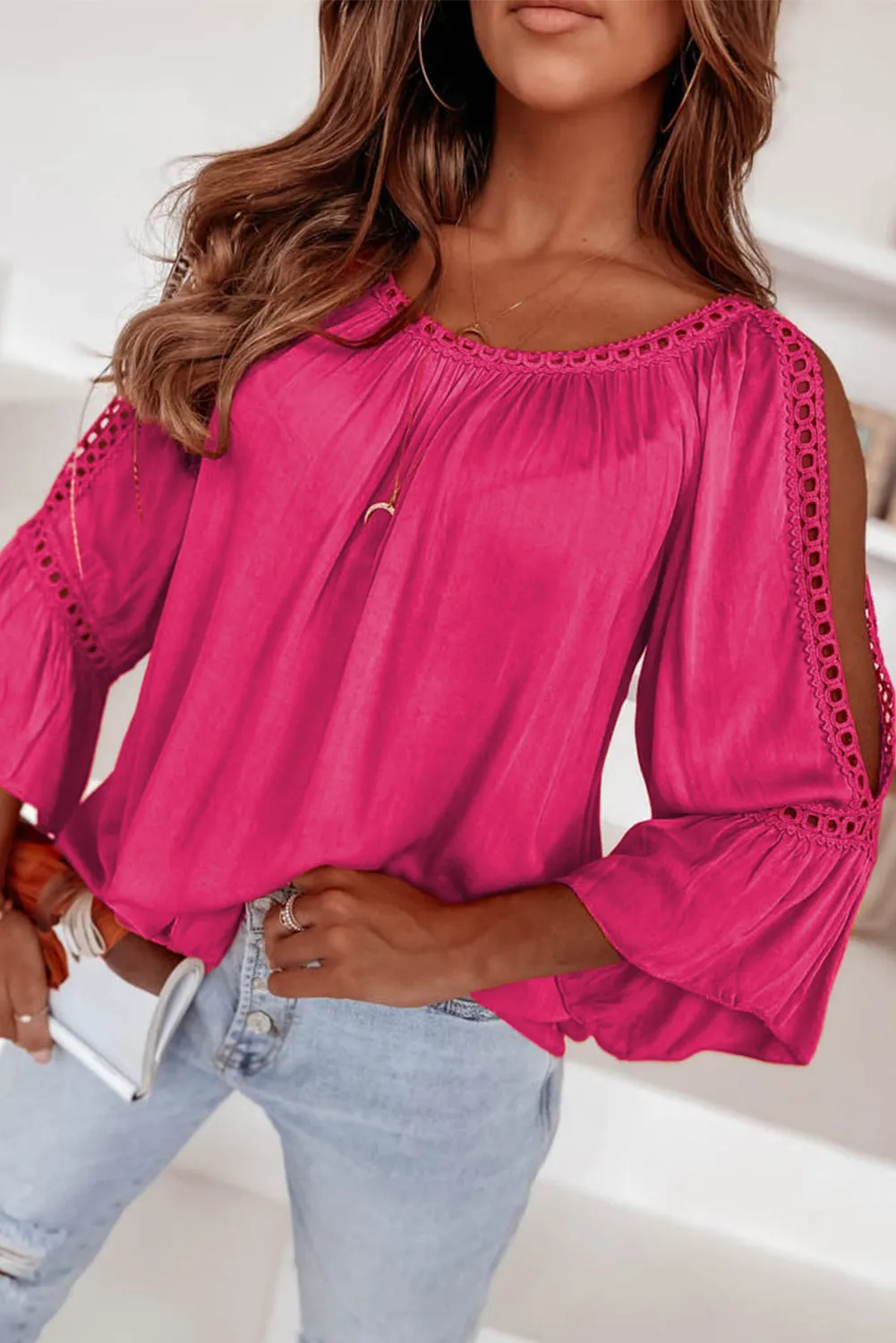 Crochet Lace Cut-Out 3/4 Sleeve Blouse