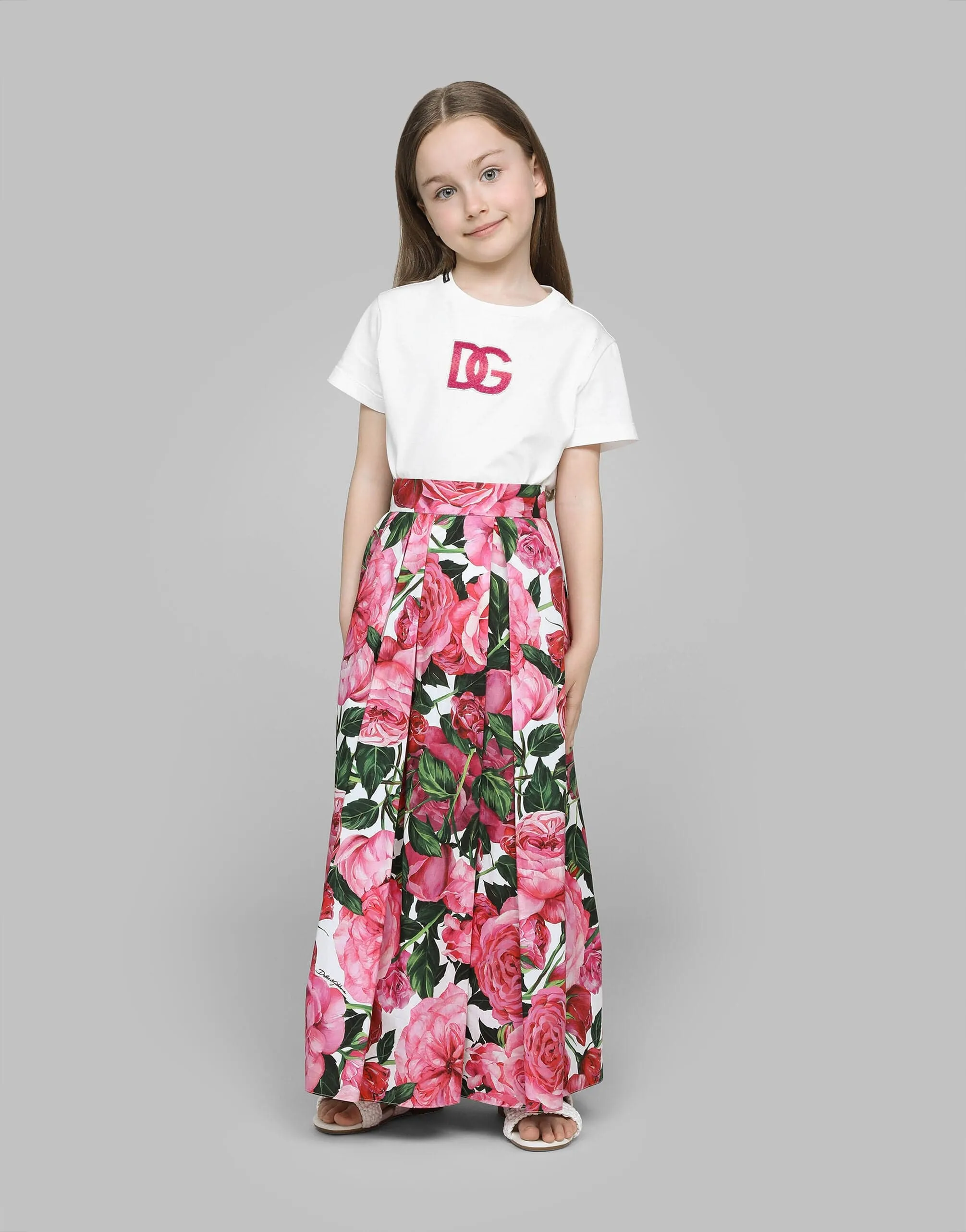 Dolce & Gabbana Girls Rose Print Long Skirt in Pink