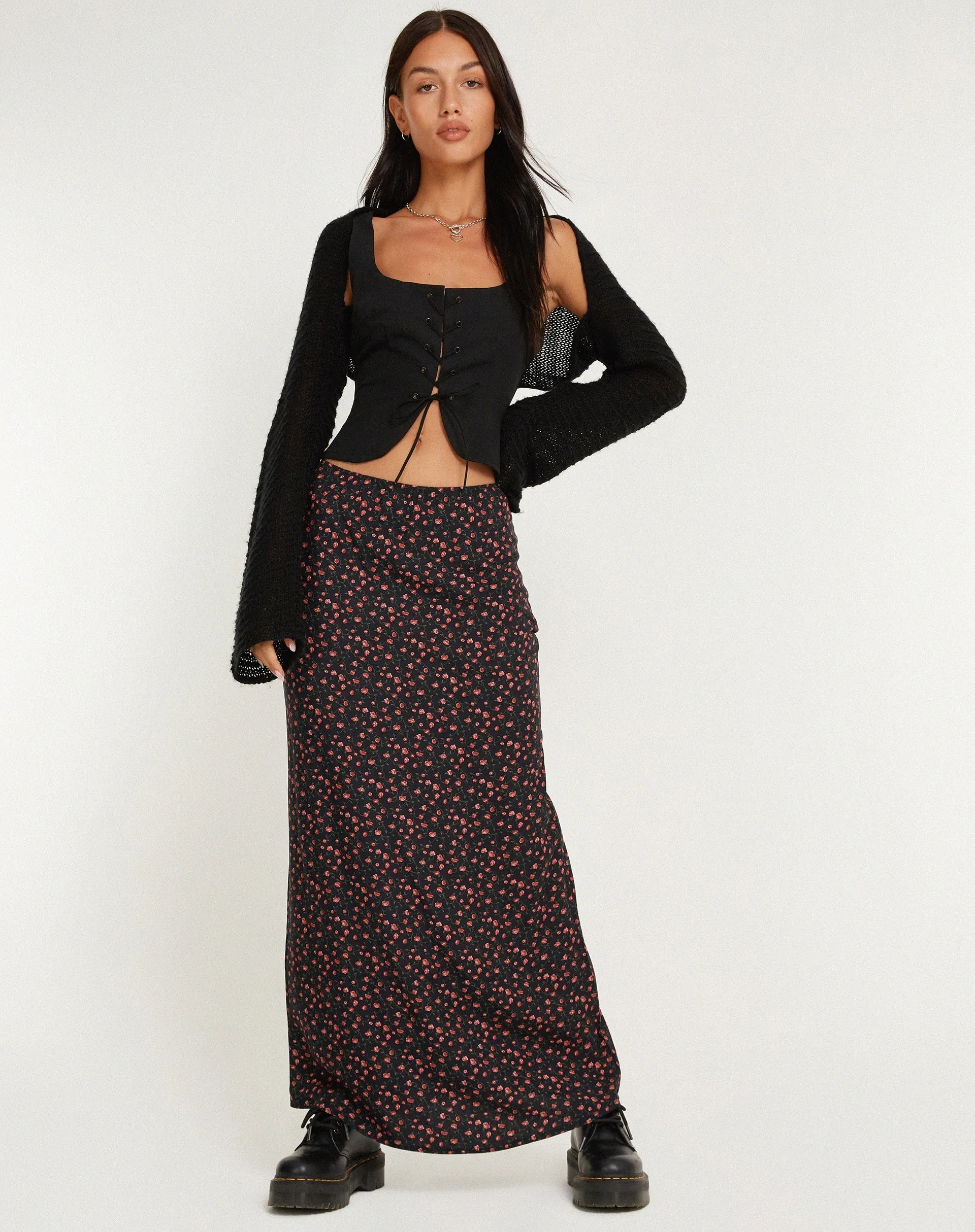 Easton Maxi Skirt in Dark Pink Rose Black