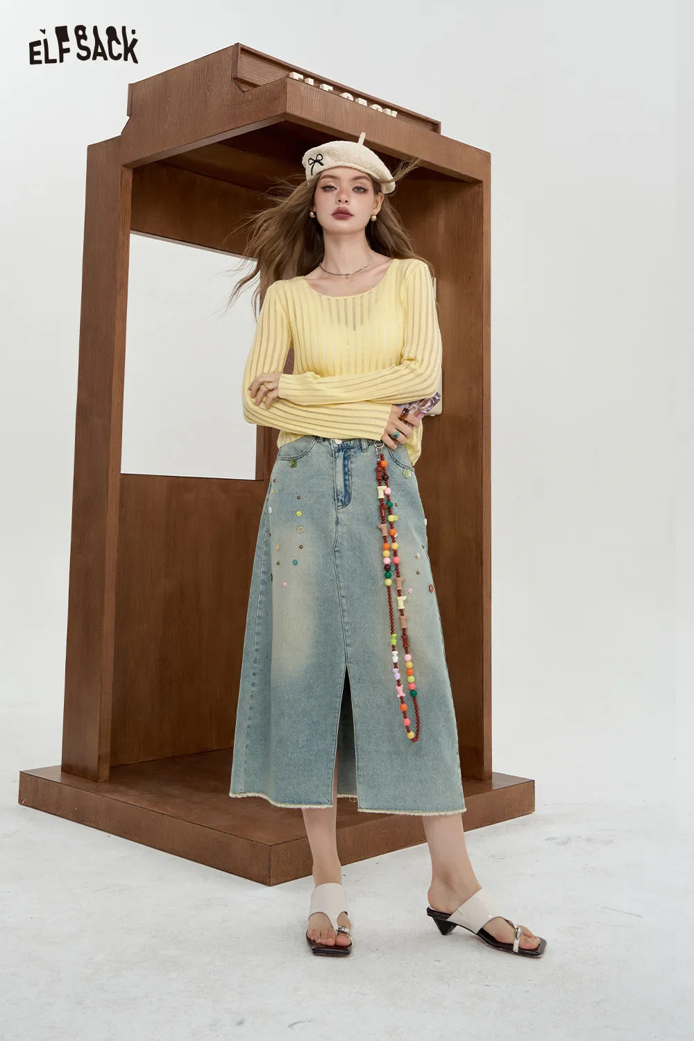 ELFSACK 2024 Summer New Arrivals Front slit light colored denim skirt for women colorful button design long skirt