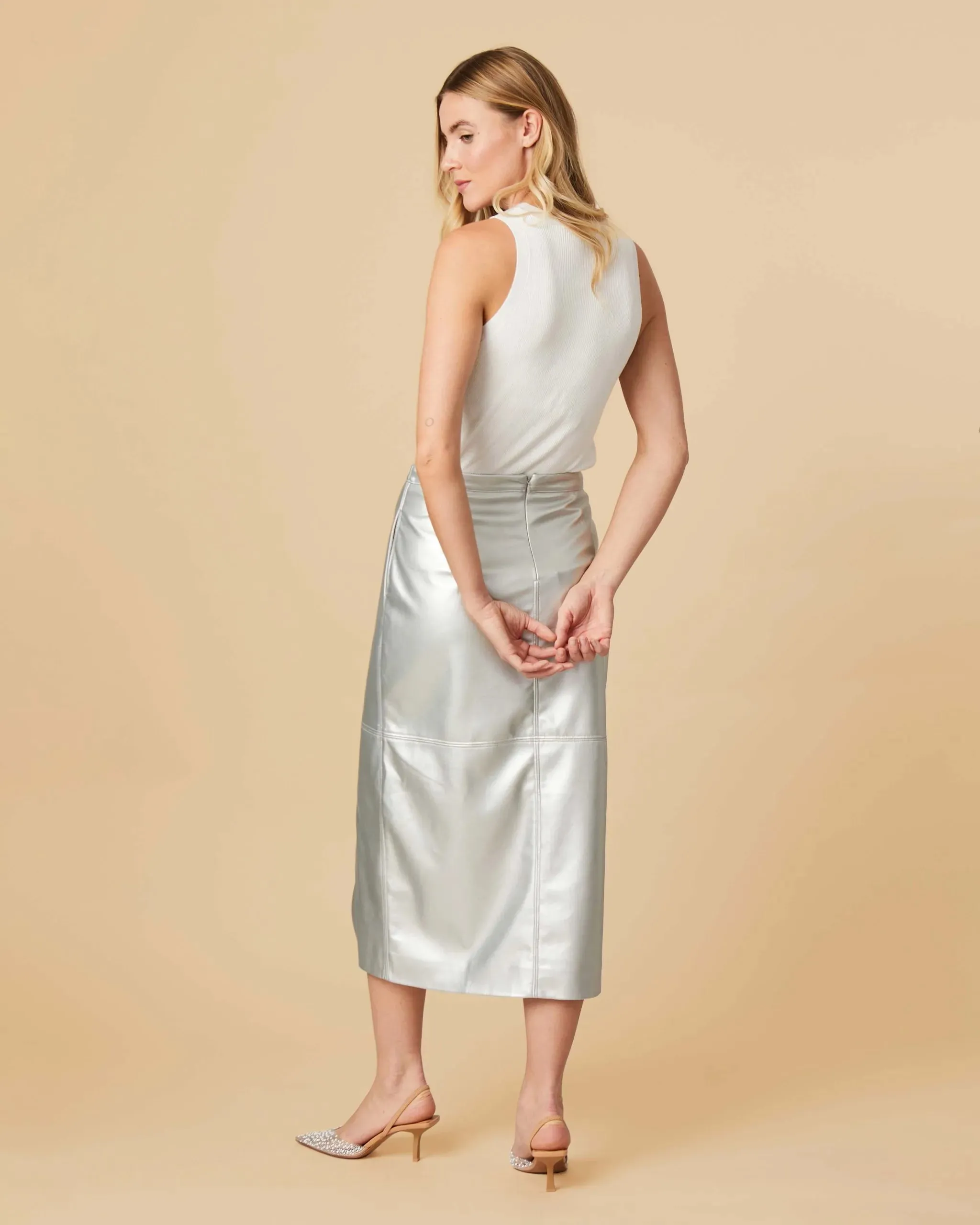 Fee G Amanda Silver Faux Leather Midi Skirt