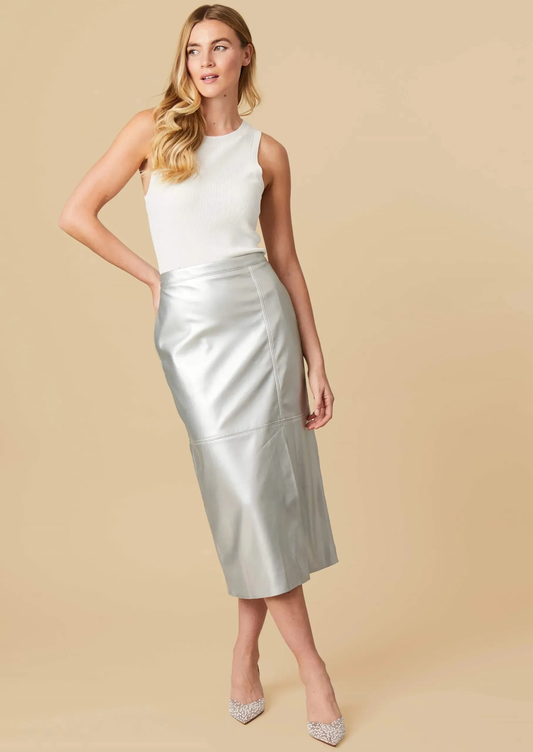 Fee G Amanda Silver Faux Leather Midi Skirt