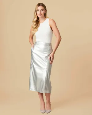 Fee G Amanda Silver Faux Leather Midi Skirt