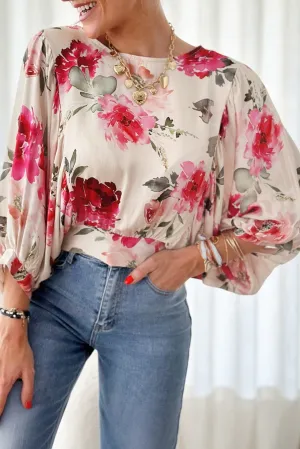 Floral 3/4 Sleeve Lace-up Blouse