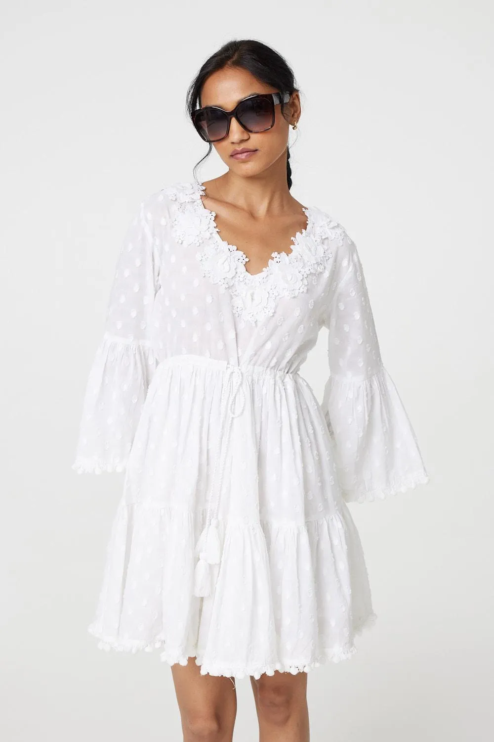 Floral Lace Flare Sleeve Mini Beach Dress