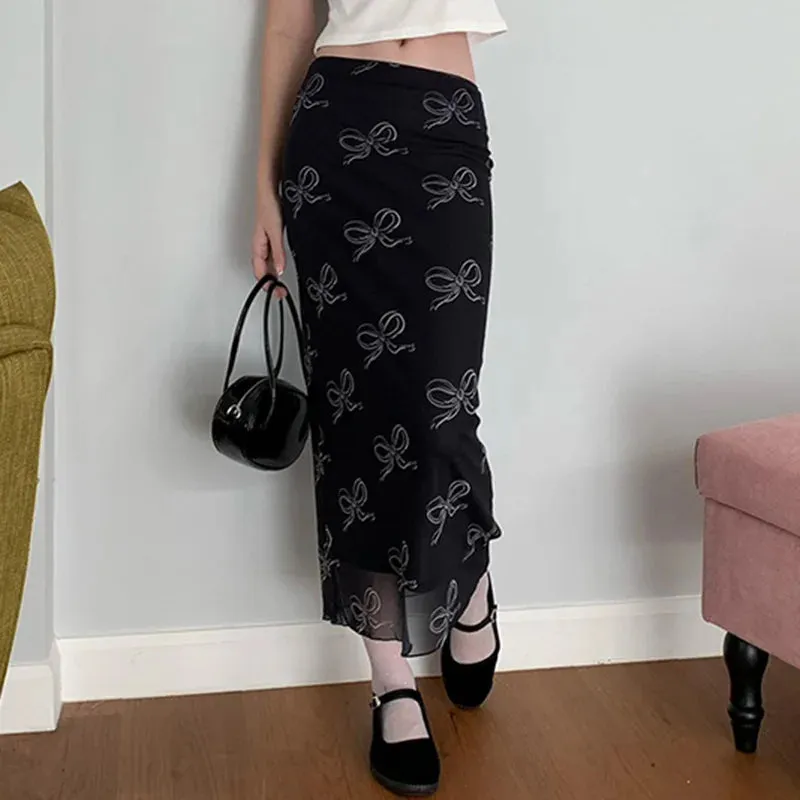 Girlary y2k Floral Print Midi Skirts Women High Waisted Velvet Long Skirts Vintage Punk Gothic Grunge Slim Split Bottom Korean