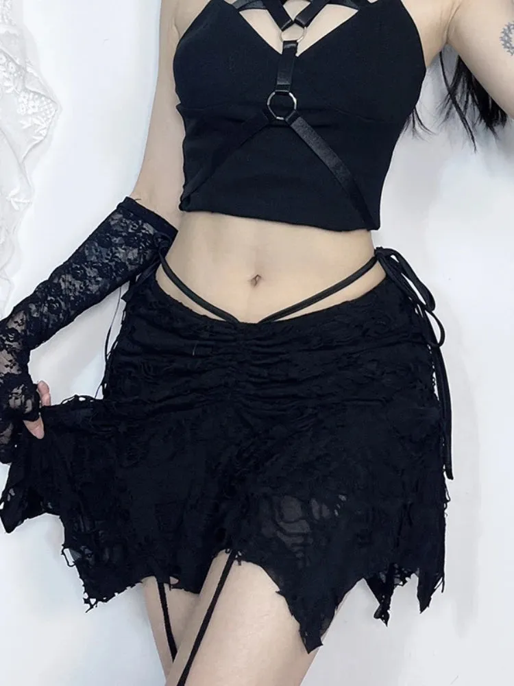 Gothic Black Holes Lace-Up Vintage Irregular Mini Skirt