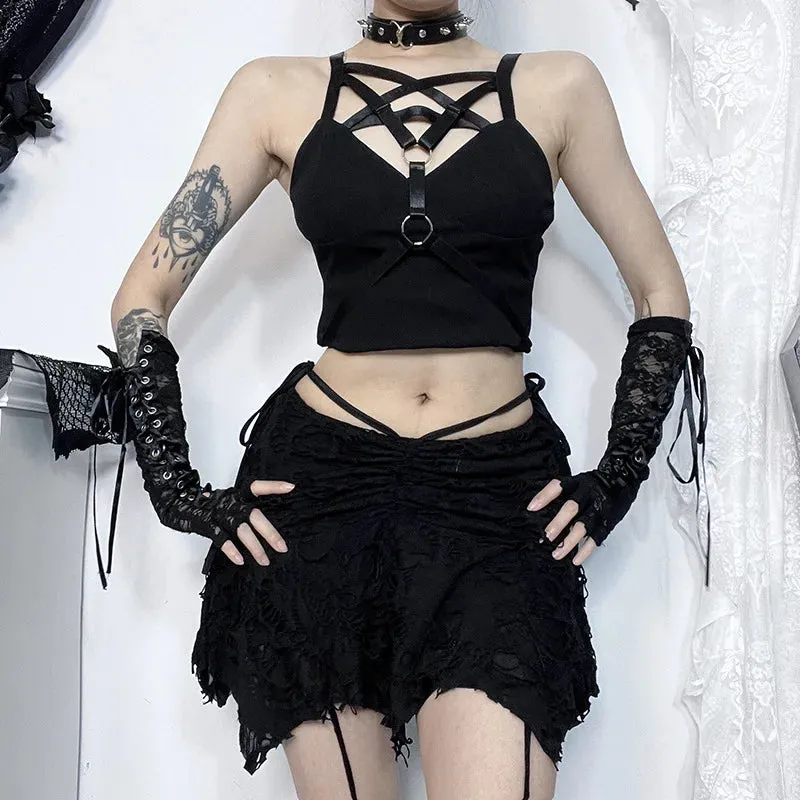 Gothic Black Holes Lace-Up Vintage Irregular Mini Skirt