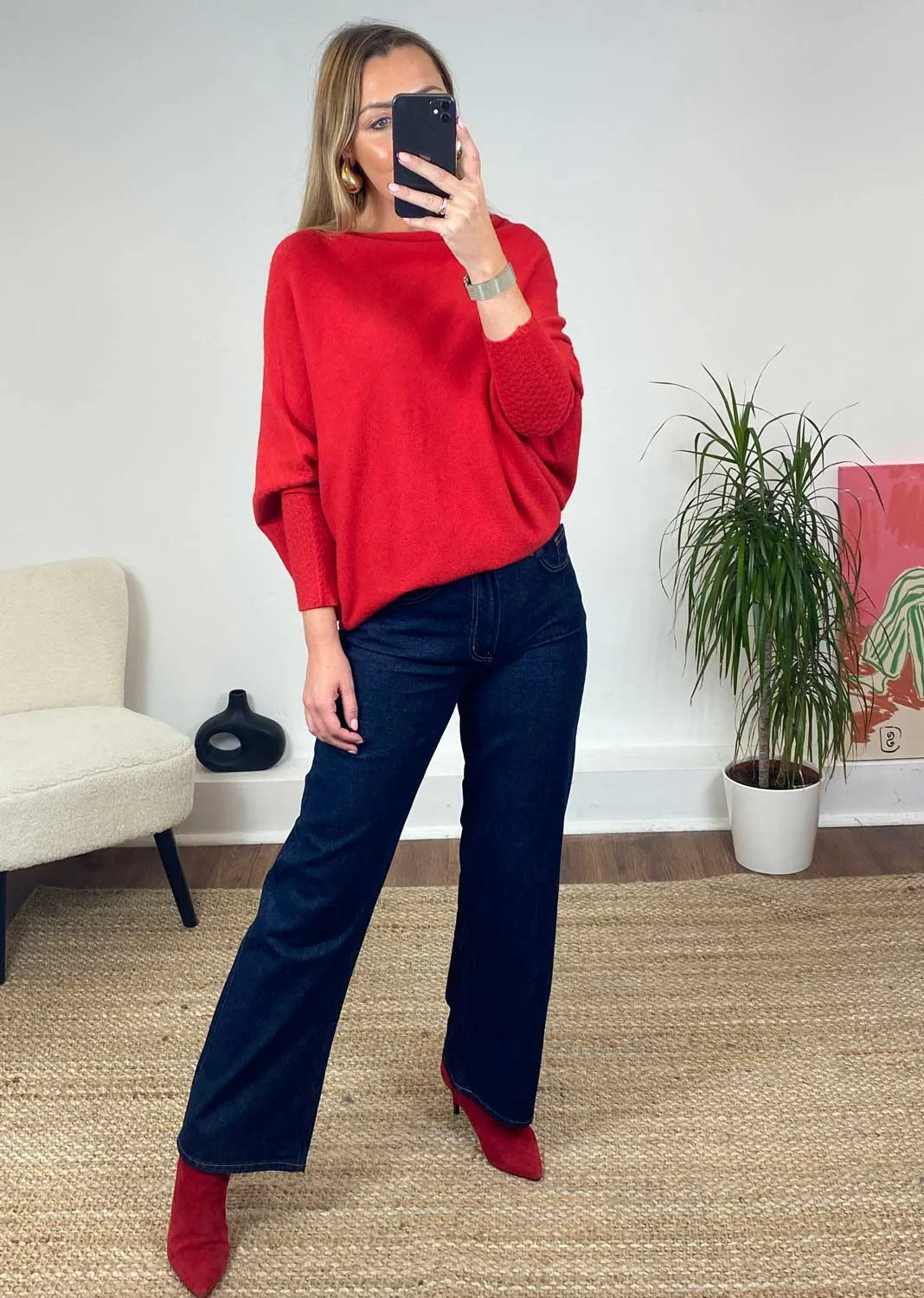 Grace Asymmetric Knit Jumper in Bright Red