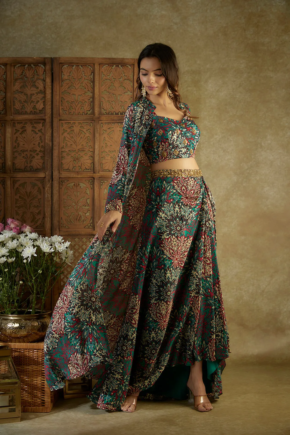 Green Printed Choli, Draped Skirts And Jacket Set