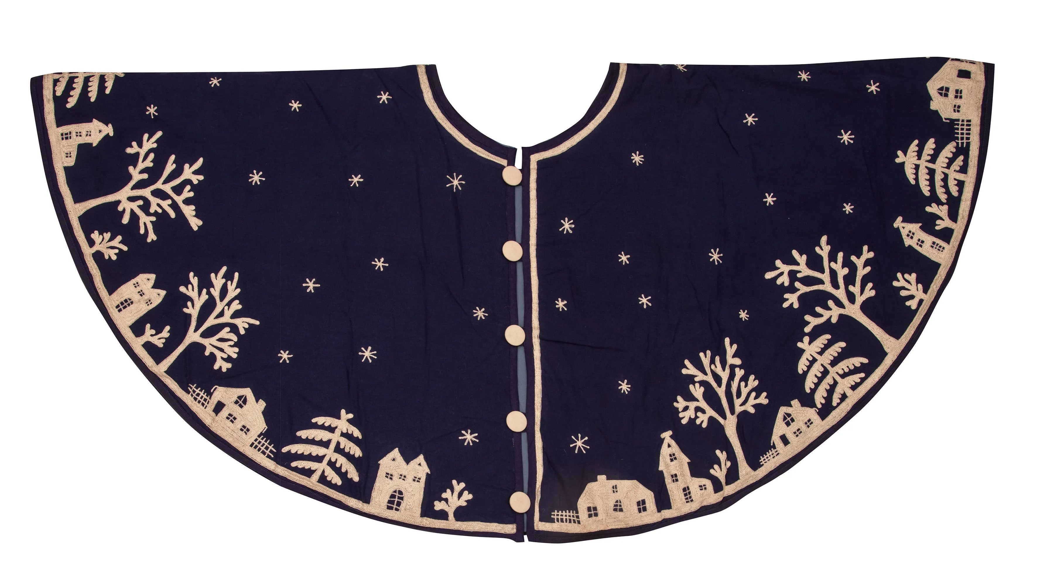 Handmade Christmas Tree Skirt in Cotton - Village Scene on Navy Blue - 60"