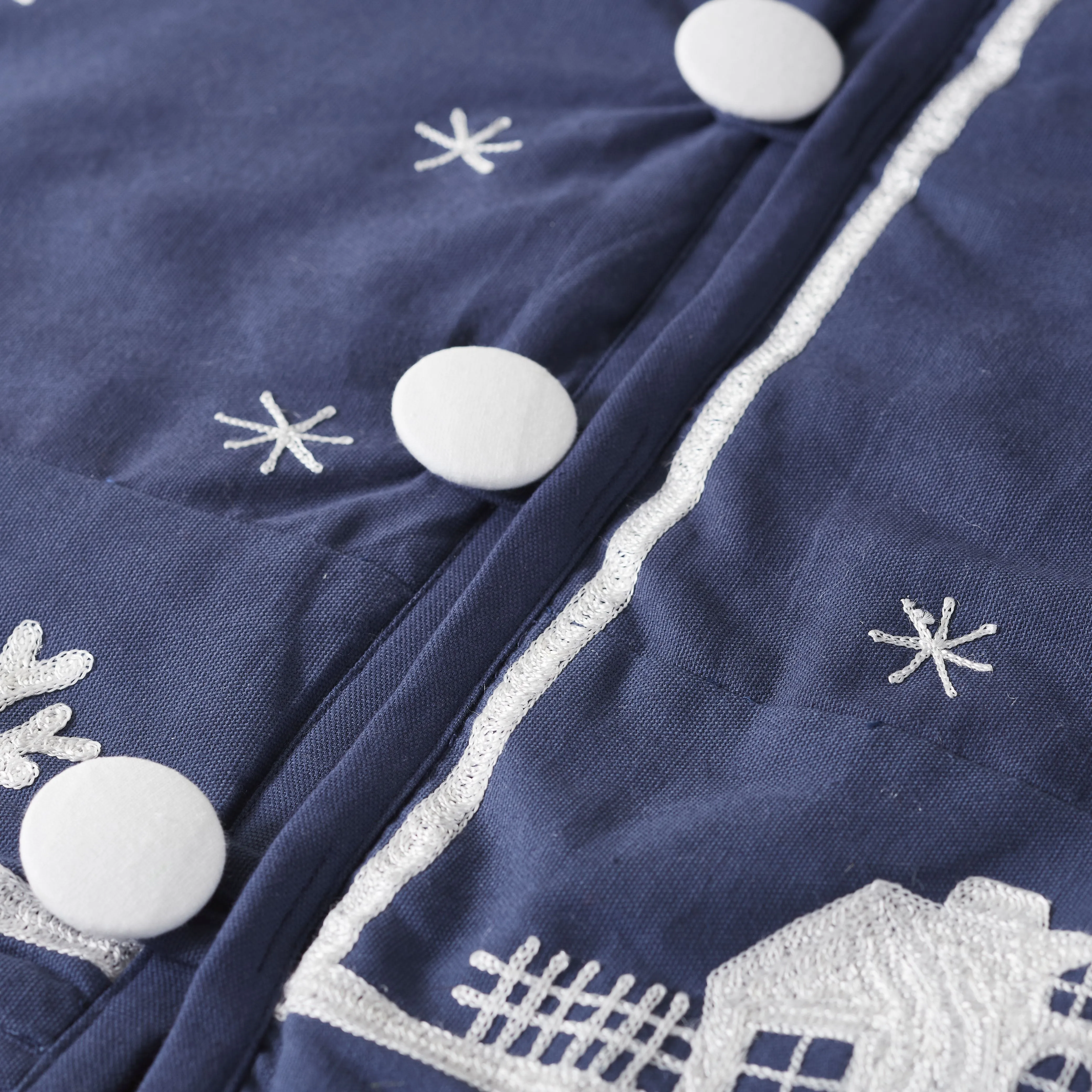 Handmade Christmas Tree Skirt in Cotton - Village Scene on Navy Blue - 60"