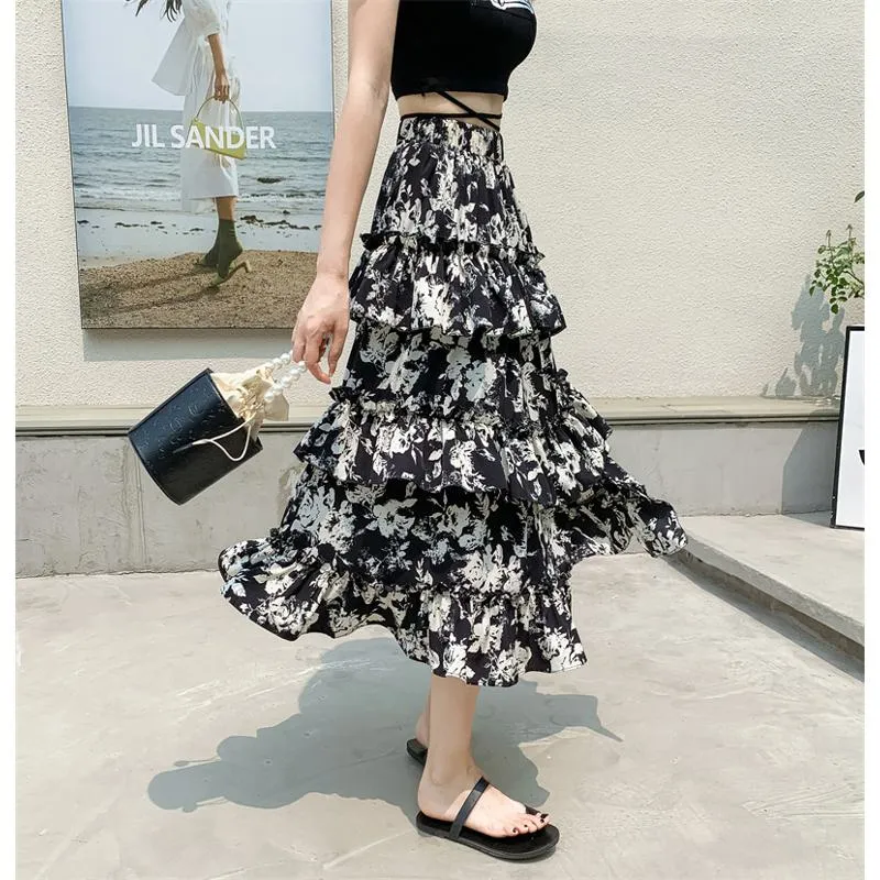 High-Waisted Patchwork Floral Print Versatile Layered Lace Midi Mesh Skirt