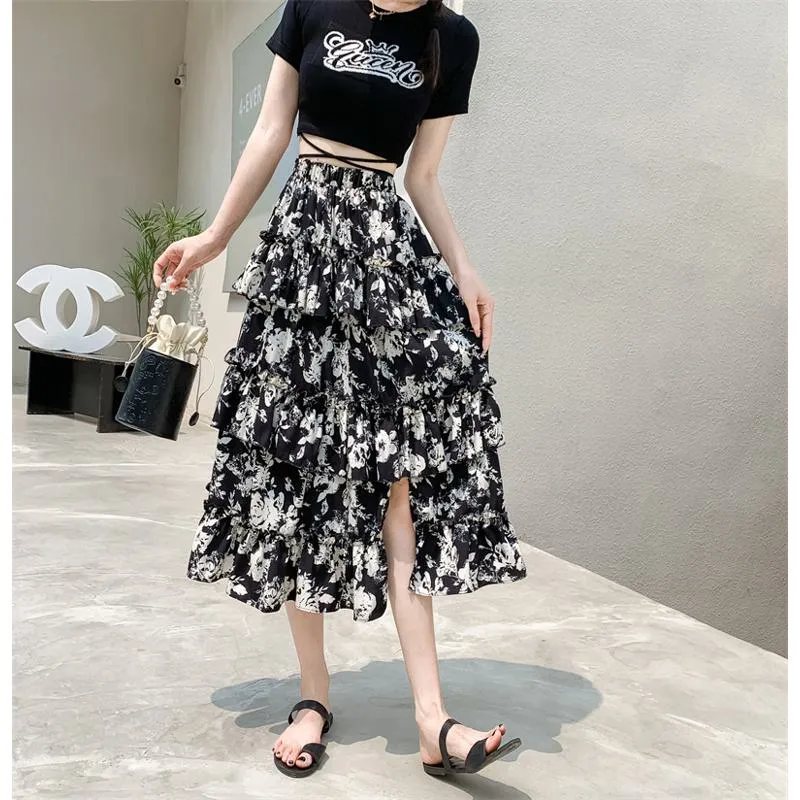 High-Waisted Patchwork Floral Print Versatile Layered Lace Midi Mesh Skirt