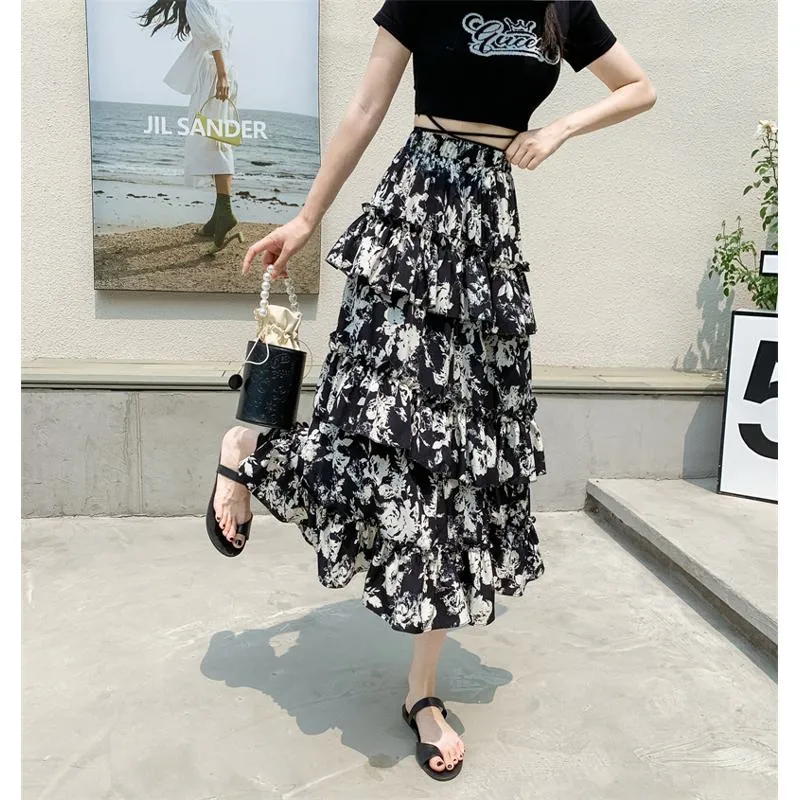 High-Waisted Patchwork Floral Print Versatile Layered Lace Midi Mesh Skirt