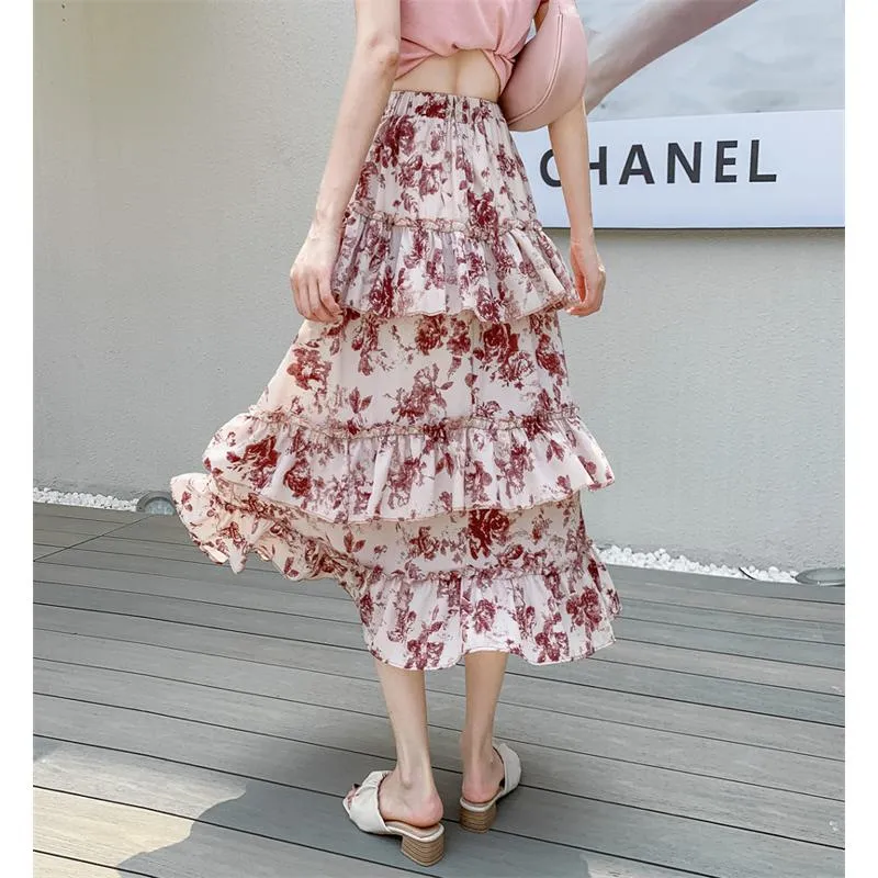 High-Waisted Patchwork Floral Print Versatile Layered Lace Midi Mesh Skirt