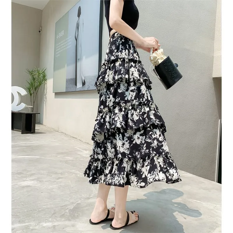 High-Waisted Patchwork Floral Print Versatile Layered Lace Midi Mesh Skirt