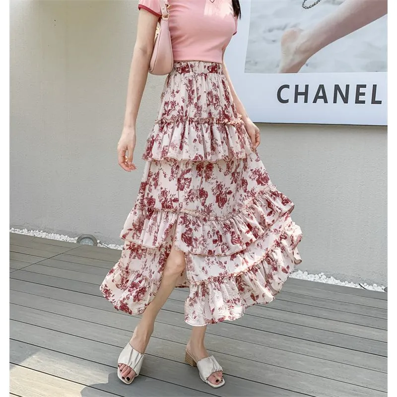 High-Waisted Patchwork Floral Print Versatile Layered Lace Midi Mesh Skirt