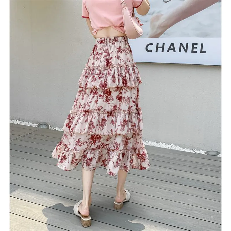 High-Waisted Patchwork Floral Print Versatile Layered Lace Midi Mesh Skirt