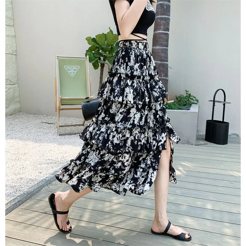 High-Waisted Patchwork Floral Print Versatile Layered Lace Midi Mesh Skirt