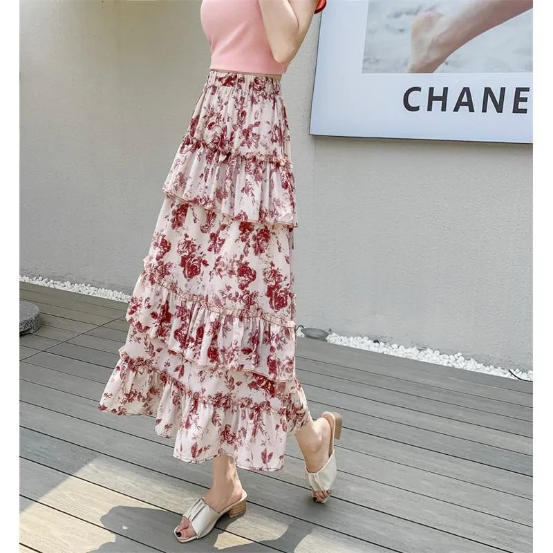 High-Waisted Patchwork Floral Print Versatile Layered Lace Midi Mesh Skirt