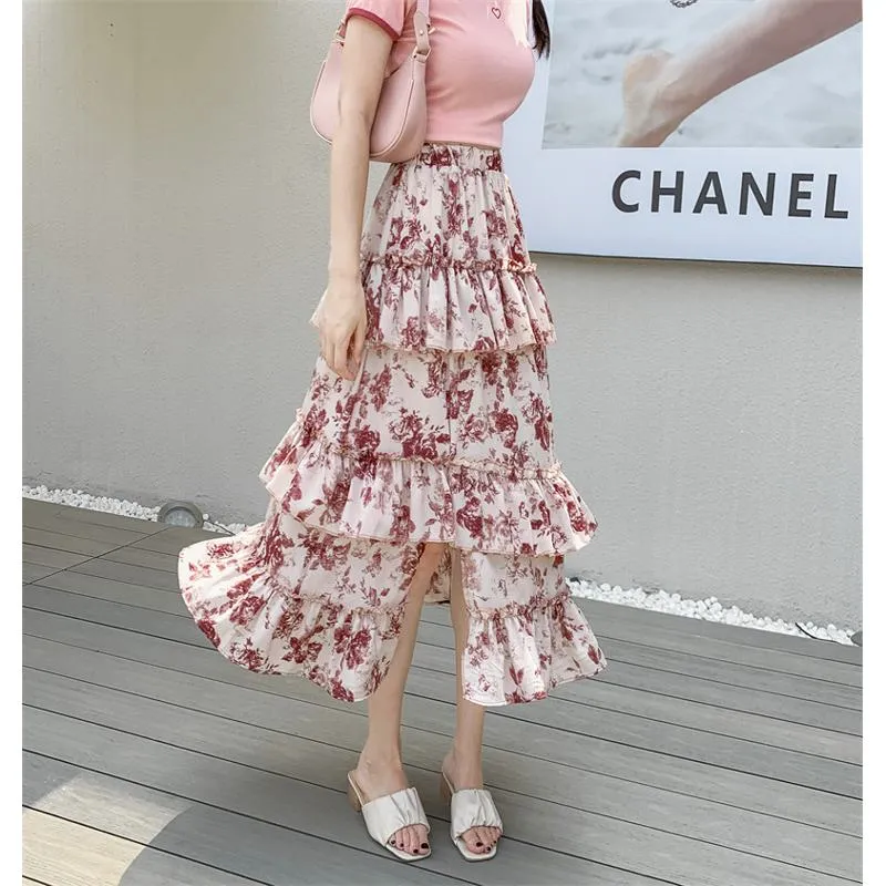 High-Waisted Patchwork Floral Print Versatile Layered Lace Midi Mesh Skirt