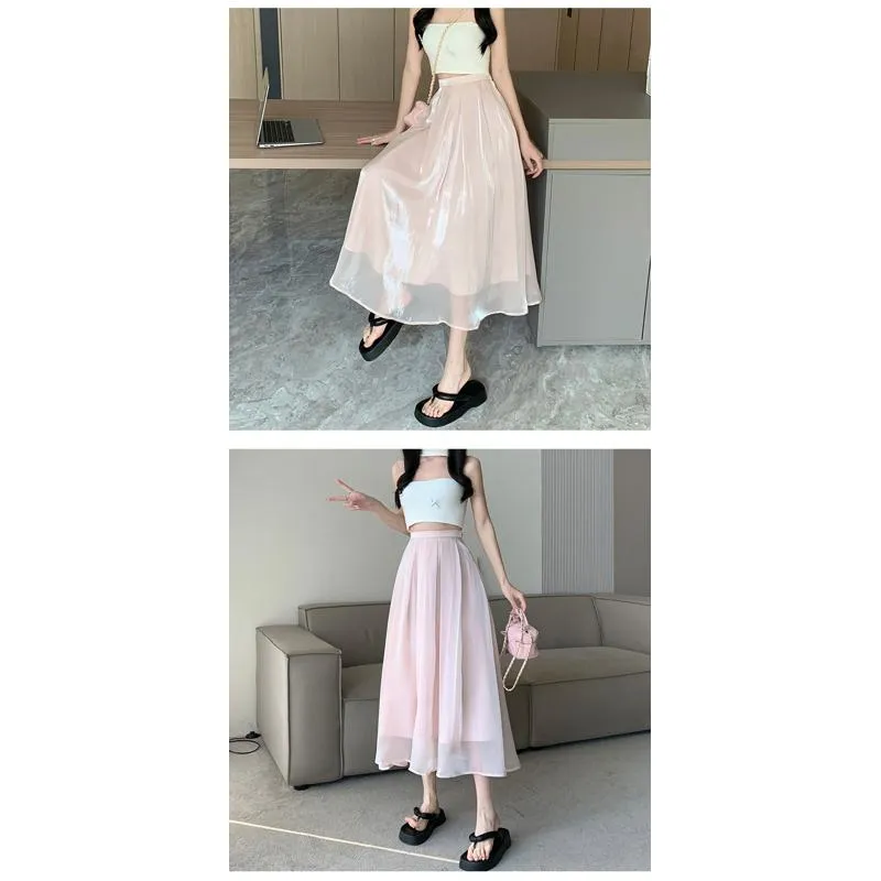 High-Waisted Solid Color Pleated Fairy Skirt Full Skirt Versatile Midi Double Layer A-Line Skirt