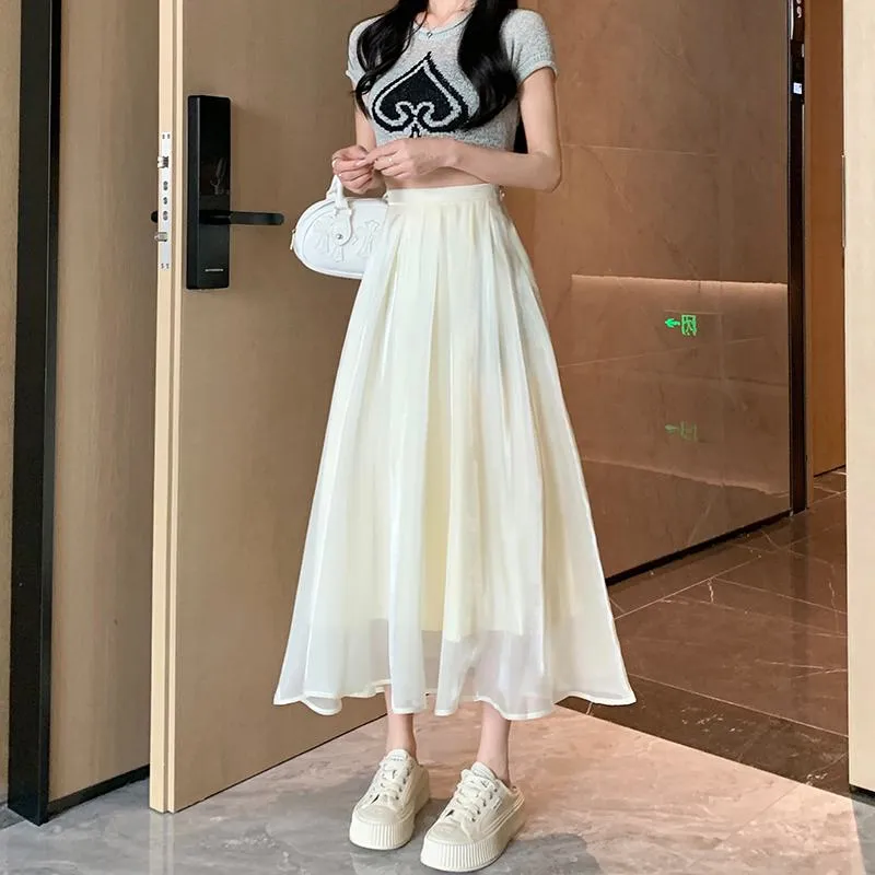 High-Waisted Solid Color Pleated Fairy Skirt Full Skirt Versatile Midi Double Layer A-Line Skirt