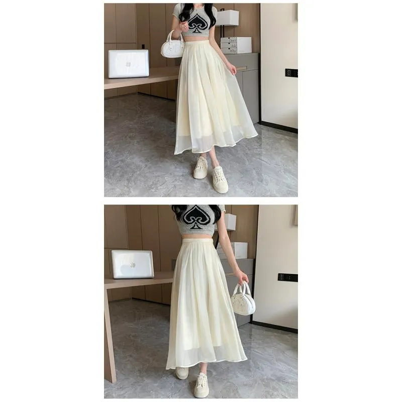 High-Waisted Solid Color Pleated Fairy Skirt Full Skirt Versatile Midi Double Layer A-Line Skirt