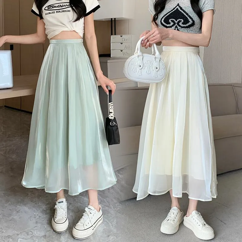 High-Waisted Solid Color Pleated Fairy Skirt Full Skirt Versatile Midi Double Layer A-Line Skirt